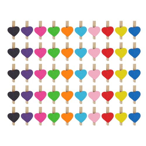50 clips de fotos de amor coloridos, pinzas de madera de colores, pinzas para tarjetas de vacaciones, clips de amor, accesorios decorativos, perfectos para fotos, manualidades, bodas y fiestas