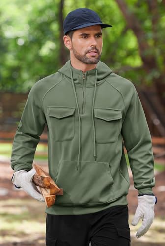 Men's Thermal Hoodies Drawstring Pullover 1/4 Zip Fashion Long Sleeve Quarter Casual Sweatshirt Green XXL2