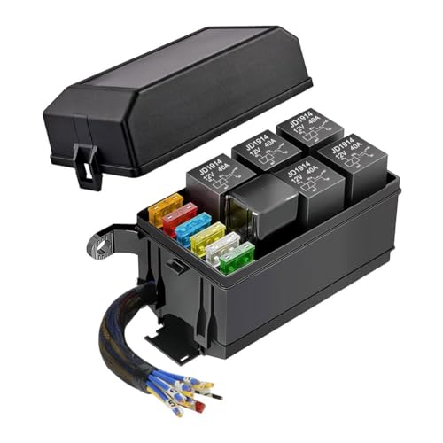 GUUZI Caja de Fusibles y Relés de 12V Precableada, 6 Ranuras de Relé y 6 Portafusibles ATC/ATO, con 6 Fusibles y 5 5 Pines Relés JD1914 y 1 4 Pines Relé RTT7121