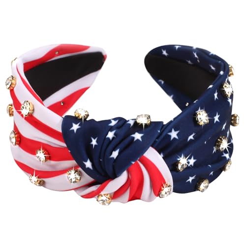 Image of Ardorchid American Flag Knotted Headbands 4th of July Independence Day USA Patriotic Rhinestone Hair Accessories Wide Knotted Headbands for Women Girls Gifts
