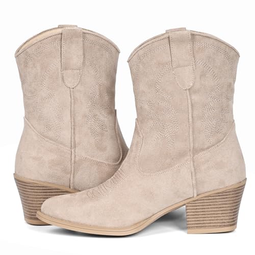 Image of IXU Cowboy Boots for Women Ankle Cowgirl Booties Wide Mid Calf Pointed Toe Western Boots Short Chunky Classic Booties