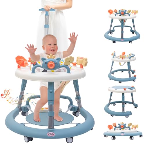 Image of 4 in 1 Baby Walker, Baby Walker with Wheels & 4 Heights Adjustable, Foldable Baby Walker Include Musical Toy Tray and PVC Pedals, Baby Walkers for Babies 6-18 Months