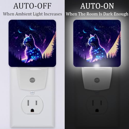 Image of NEWzone Fantasy Purple Starry Sky Cat Night Light [2 Pack], Plug in Wall Led Night Lights Decor for Boys Girls Room, Dusk to Dawn Sensor Wall Lamp for Stairway /Bedroom /Kitchen /Nursery Room