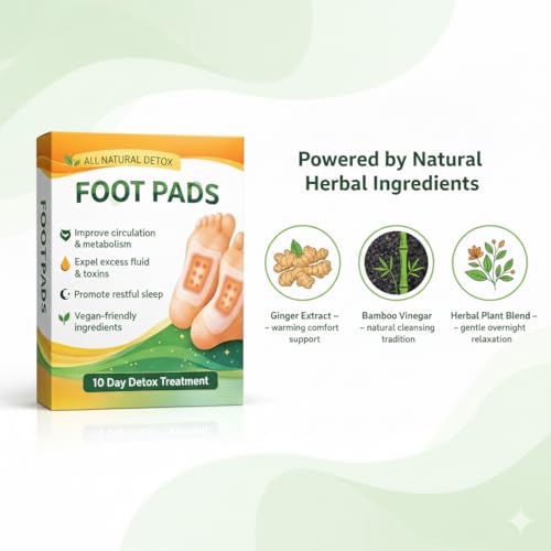 Image of AIXMEET Herbal Detox Foot Patches (10 Pads) - Bamboo Vinegar & Ginger Extract Foot Detox Pads for Overnight Detox, Deep Cleansing, Sleep Support, Foot Pain Relief & Acupoint Therapy for Men & Women