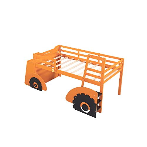 Loft Bed Forklift Car-Shaped With Storage Shelves Low Twin Loft Beds Wood Theme-Based Bed Frame With Safety Rail For Kids Bedroom, Twin Size Junior Loft Bed For Boys Girls Teens, Orange #TOP6