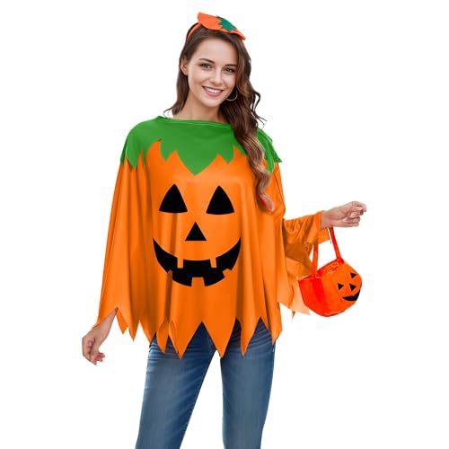 Singtis Kürbis Kostüm Damen 3-teilig, Halloween Kürbis Kleid mit Stirnband & Süßigkeitentasche | Lustiges Damenkostüm für Erwachsene & Mädchen...