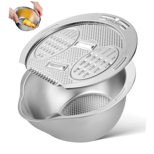 BESTOYARD Bol De Arroz Alimento Drenar Multifuncional Recipiente Para Enjuagar El Arroz Tazón De Colador De Lavadora De Arroz Lavar Frutero Con Colador Silver Acero Inoxidable