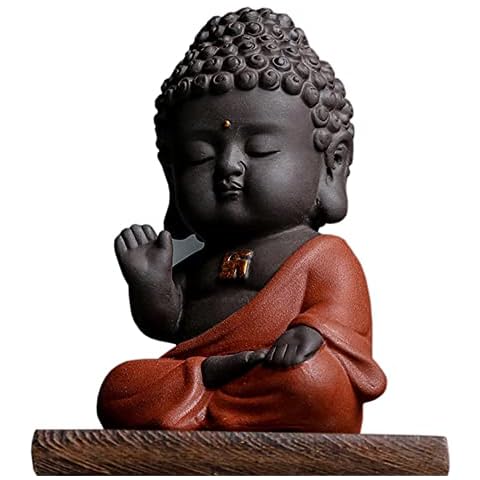 NEBAISEN Ceramic Little Cute Buddha Statue for Tea Gold and Red Small Monk Figurine Home Decor Creative Crafts Dolls Ornaments Gift Delicate Arts and Crafts (Red) Cover