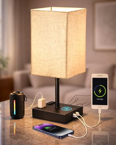 Image of Homesake Touch Table Lamp with USB A + Type C Charging Ports Dual AC Outlets, Touch Control, Medium Size, Bulb Included Night Stand, Bedside Desk Light Bedroom Living Room Office, (Jute Rectangle)