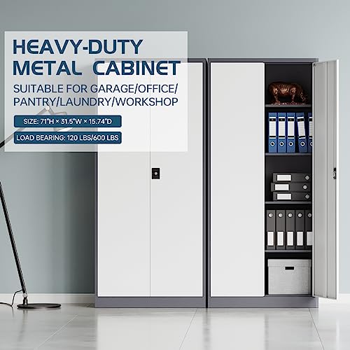 MIIIKO Home Office Storage Cabinet with Shelves and Doors, Metal Utility Cabinets with 2 Locking Doors and 5 Shelves, Tall Steel Locker Cabinets or Garage, Kithen, Pantry and Classroom