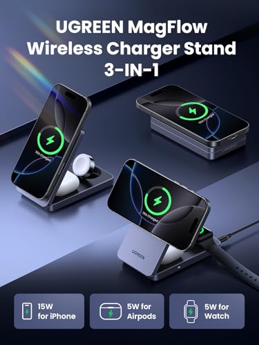 Image of UGREEN MagFlow Qi2 3-in-1 Charger Station for iPhone 16, Foldable Wireless Charger Stand Compatible with iPhone 16 /15 /14 /13 /12 Series, AirPods 3 /2 /Pro, Smartwatch (Included 30W Adapter)