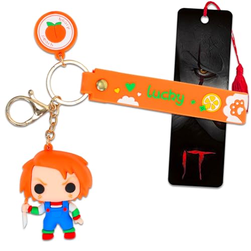 WARNER BROS PICTURES Conjunto de chaveiros Chucky – Chaveiro de brinquedo infantil de luxo de silicone 3D com alça, pingente plus marcador de livro | Chaveiro Chucky do filme de terror para mochila