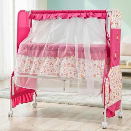Image of BAYBEE Baby Cradle and Swing for Newborn Babies with Mosquito Net, Portable Jhula with 360 Wheel Lock, Sleeping Swing Bassinet, Uyyala Palna for 0-12 Months Boys & Girls (Pink)