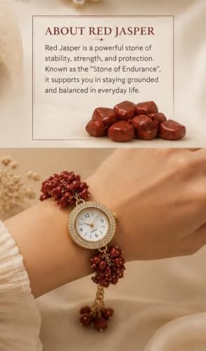 Image of ARKN Crystal Bracelet Watch for Women | Natural Gemstone Beaded Wrist Watch | Gold-Tone Dial with Rhinestone Bezel | Adjustable Fashion Jewellery Gift for Women & Girls