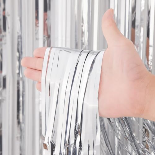 Image of Voircoloria 2 Pack Silver Tinsel Foil Fringe Curtains, Silver Party Decorations, Metallic Tinsel Party Streamers Backdrop for Birthday Baby Shower Graduation Wedding Bachelorette Party Decorations
