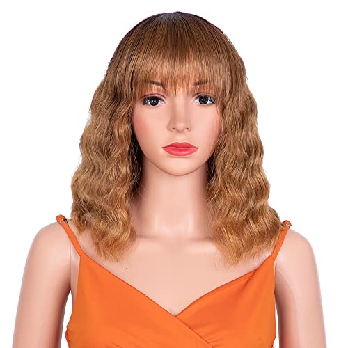 NOBLE STAR Short Wavy Wig with Air Bangs for Women 12 Inches Shoulder Length Bob Wig Natural Dark Roots Blonde Heat Resistant Synthetic Wigs for Daily Party Cosplay Use (Honey Blonde)