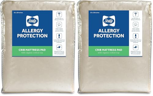 Image of Sealy Organic Cotton Top Cooling Waterproof Fitted Toddler Bed and Baby Crib Mattress Pad Cover Protector, Noiseless, Machine Washable and Dryer Friendly, 52" x 28" - White (Pack of 2)