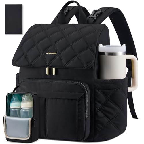 LOVEVOOK Diaper Bag Backpack With Pocket For Large Capacity Cup,Multi-Function Baby Travel Bag For Mom Dad,Waterproof Baby Bag for Boys Girls with Changing Pad,Insulated Bag,Stroller Straps,Black