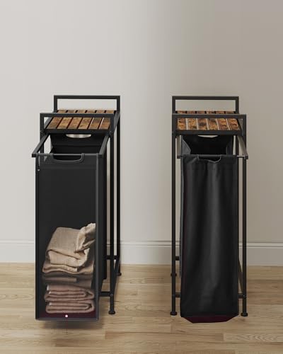 Image of VASAGLE BLH001B01 Laundry Basket with Shelf, Laundry Hamper, Laundry Box, Removable Oxford Fabric Laundry Bag, Metal Frame, 47 L, 42 x 28 x 75 cm, Ink Black-Vintage Brown