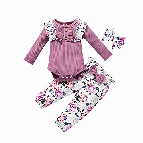 Autumn Winter Newborn Outfits Baby Girls Cute Long Sleeve Romper Bodysuit Top And Floral Long Pants Headband 3Pcs (Purple,6-12 Months)