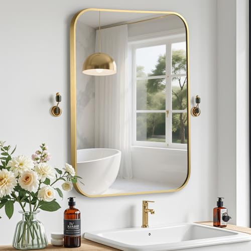 CLBA Gold Bathroom Mirror, 24x32 Inch Aluminum Frame Rectangle Mirror, Anti-Rust, Tempered Glass, Wall Mirror for Over Sink, Vanity, Bedroom, Entryway, Horizontal/Vertical