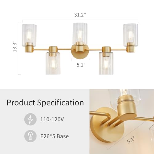 Image of WUZUPS 5-Light Bathroom Wall Light Fixture Over Mirror Clear Glass Shade Morden Vanity Scones Light for Bedroom Living Room, E26 Base, Gold