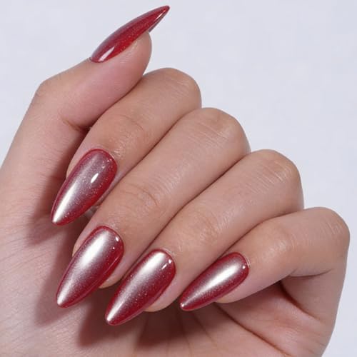 Cat Eye Press On Nails, Red Fake Nails, Short Almond Shape Reusable Glossy False Nails for Women Daily Wear & Party Manicure 32 Pcs