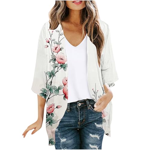 Kimono Cardigans for Women Floral Print Puff Sleeve Loose Cover up Casual Blouse Tops Lightwieght Open Front Capes