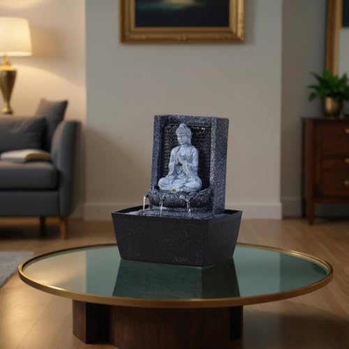 Zen'Light - Zimmerbrunnen Nirvana - Wasserfall mit Buddha & Weißer LED-Beleuchtung - Moderne Zen Deko, Ideal für Meditation & Entspannung - Feng Shui - H 26cm, Grau