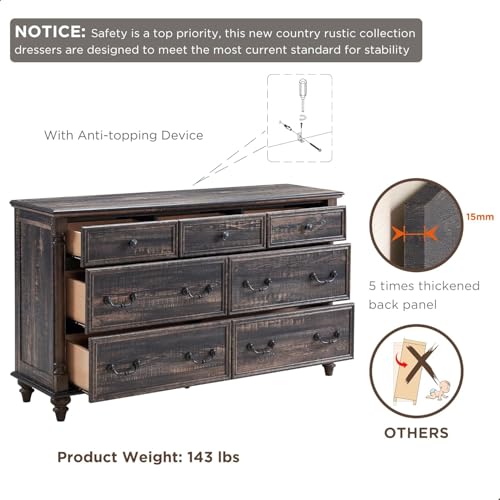 T4TREAM Farmhouse 7 Drawers Dresser Chests for Bedroom w/4 Solid Wood Feet & Column Design, Tall Wide Wooden Rustic Chest of Drawers, Storage Dressers for Bedroom, Living Room, Dark Rustic Oak
