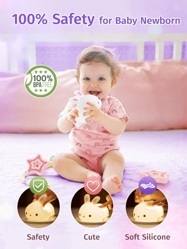 Image of MUID Cute Silicone Bunny LED Night Light, Squishy 16 Color Changing Bedside Lamp for Baby Nursery, Kawaii Animal Light for Bedroom Birthday Gift (Sleeping-Bunny) White