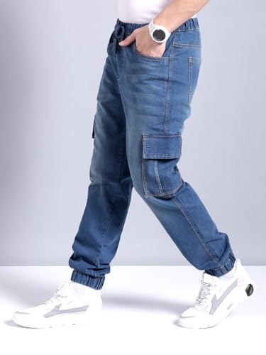 Image of The Indian Garage Co Men Regular Fit Solid Mid-Rise Stretchable Denim Cargo Joggers