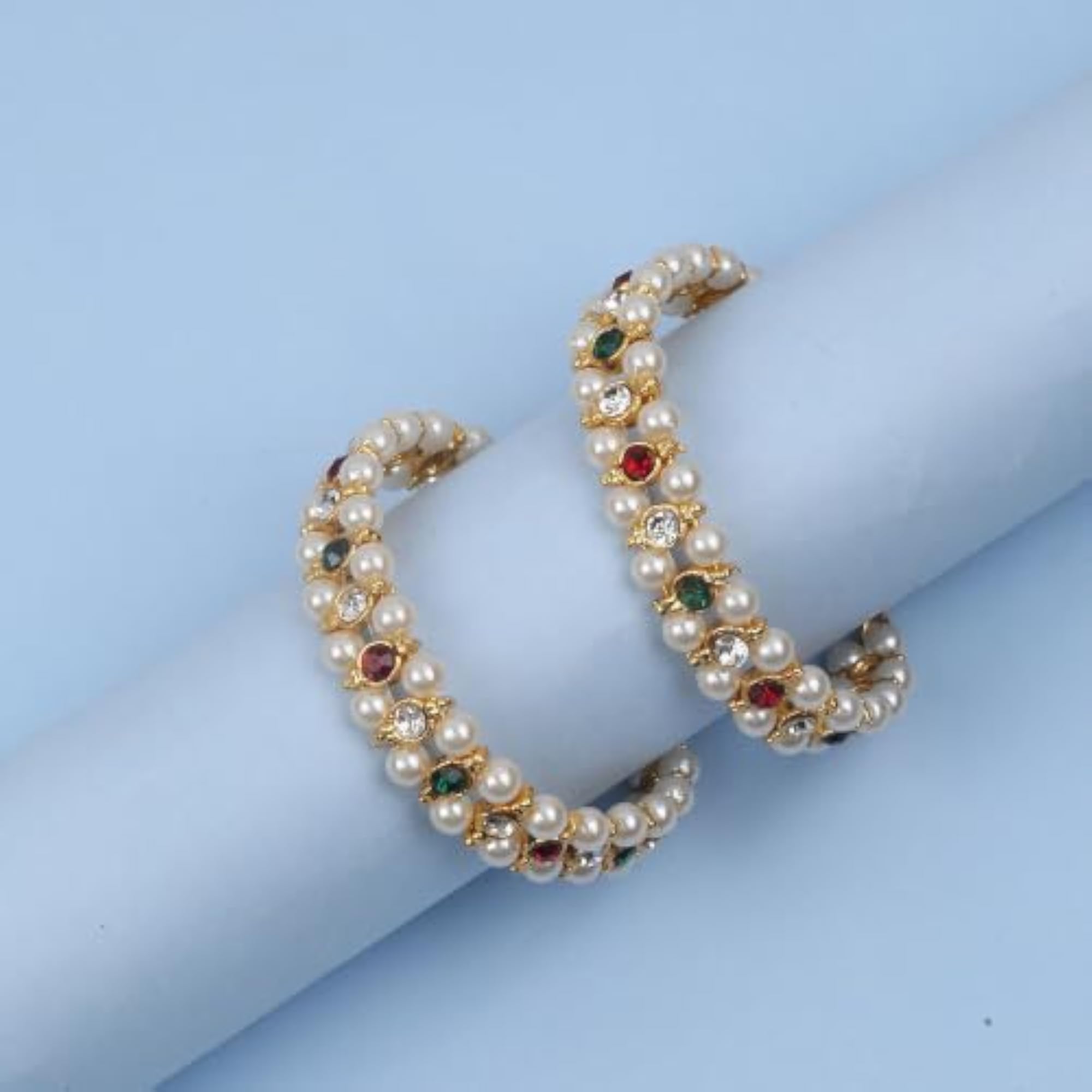 Art Jewellery Red & Green Stone Pearl Beads Bangle