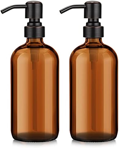 AmazerBath Amber Glass Soap Dispenser, 2 Pack Thick Glass Soap Dispenser with Bronze Stainless Steel Pumps, 17 Oz Hand Soap Dispenser Bottle for Liquid Lotion, Bathroom Kitchen Dish Soap Dispenser