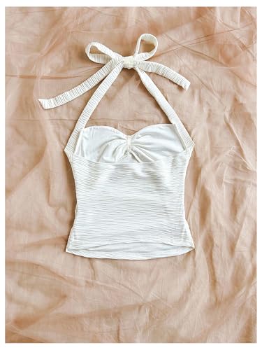 WDIRARA Girl's Ruched Halter Top Metal Decor Textured Sleeveless Tie Backless Tank Tops2