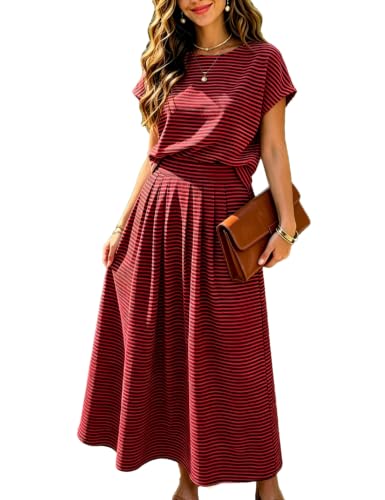 Image of Zontroldy Women's Summer 2 Piece Outfits Striped Skirt Sets Cap Sleeve Crop Top Midi Dress Matching Travel Outfits