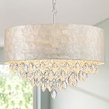 Pine Flicker X-Large 6-Light Drum Capiz Shell K9 Crystal Chandelier, Coastal Style Pendant Light Fixture for Dining Room, Living Room, D24 * H24~70 inch (Adjustable), Clear Crystal & Chrome Finish