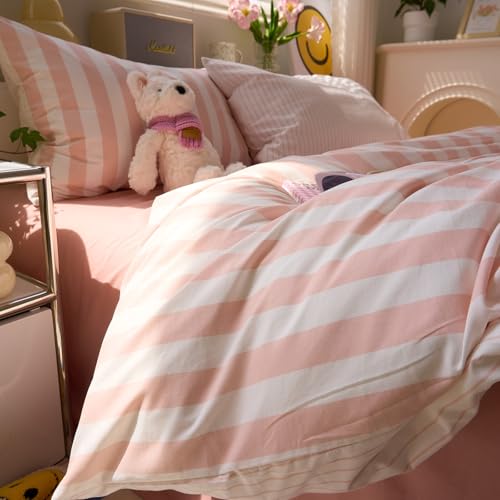 Image of VM VOUGEMARKET Pink Stripes Duvet Cover Set Queen Teens Girls Dorm Bedding Set Soft Lightweight Reversible Microfiber Farmhouse Duvet /Quilt Cover-90 x90,Pink White