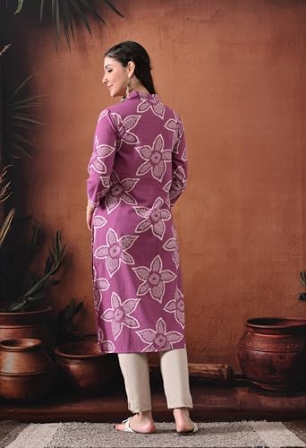Image of Ichaa Women's Pure Cotton A-Line Ethnic V-Neck Kurta with 3 /4th Sleeve for Daily and Office Wear, in Plus Sizes