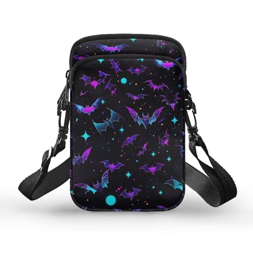Halloween Purple Blue Bats Stars Women's Crossbody Bag, 2 Layer Small Messenger Shoulder Storage Bag Key Credit Card Wallet Holder for Toddler Kid Girl Boy