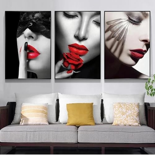 LZJAGXX Fashion Sexy Red Lips Wall Art Canvas Paintings Smoking Women Posters and Prints Wall Pictures Living Room Bar Decor 20x25cmx3 Framework