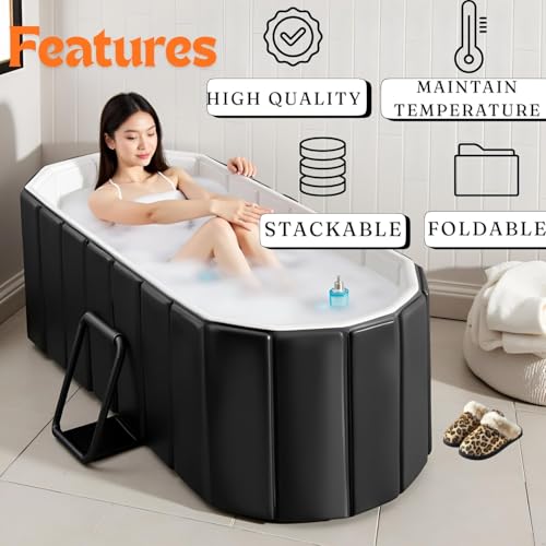 Image of Lexara Portable Folding Bathtub for Bathroom - Large Freestanding Soaking Tub with Thick Insulated, Ice & Hot Spa Tub, Collapsible Cold Plunge Therapy, Muscle Recovery Tub (Black Bathtub)