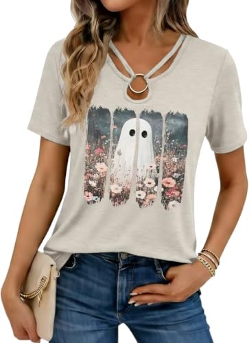 Nigbriz Women's Halloween Ghost Floral Graphic T-Shirt,Gray-1,XXL