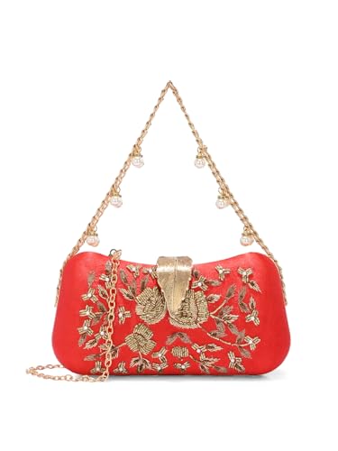 Image of TOOBA Handicraft Women's Beautiful Bling Box Clutch Bag | Evening Bag, Bridal Purse & Party Handbag | Wedding & Special Occasion Clutch (Flower Leaf)