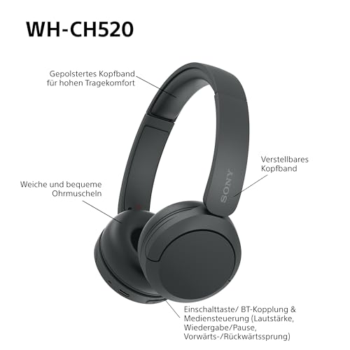 Sony WH-CH520 Kabellose Bluetooth-Kopfhörer - bis zu 50 Stunden Akkulaufzeit mit Schnellladefunktion, On-Ear-Modell - Schwarz