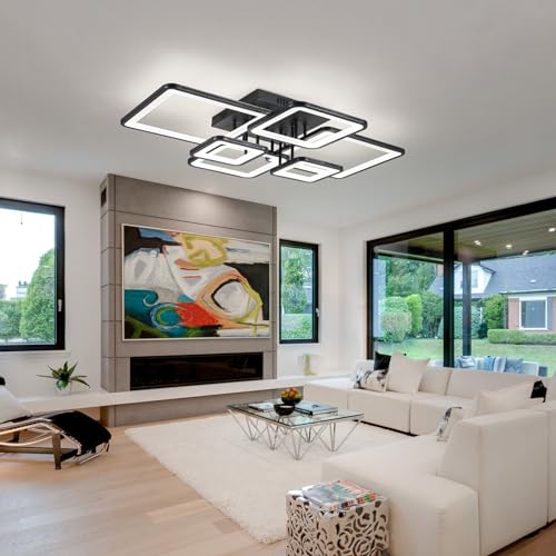 Shine LUEST Modern LED Ceiling Light Fixture Black Kitchen Lighting Fixtures Ceiling for Bedroom 31.5" Dimmable 6 Ring Square Ceiling Light for Kitchen with Remote Control for Living Room,Dining Room
