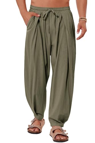 Gafeng Mens Linen Yoga Pants Elastic Waist Drawstring Summer Beach Loose Fit Casual Tapered Trousers