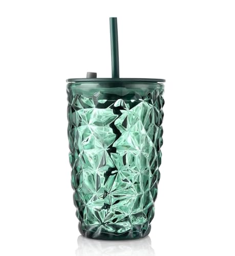 Image of Kamvy Printed Glass Milk Mug with Recipe Design (400ml) Pack of 1 | Transparent Drinking Glass for Coffee, Milk, Juice & Smoothies | Stylish Measuring Tumbler for Home & Kitchen (Diamond Green)