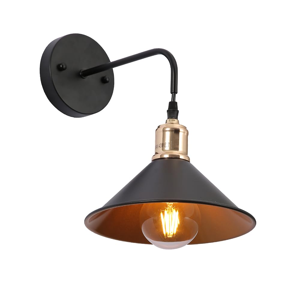 TEKLED Metal Funnel Suspended Wall Light | E27 Bulb Base | Modern Retro Design Bedside Light | for Bedroom Lobbies Reception Living Dining Room Corridors Cafe Restaurant - Black (Bulb not Included)