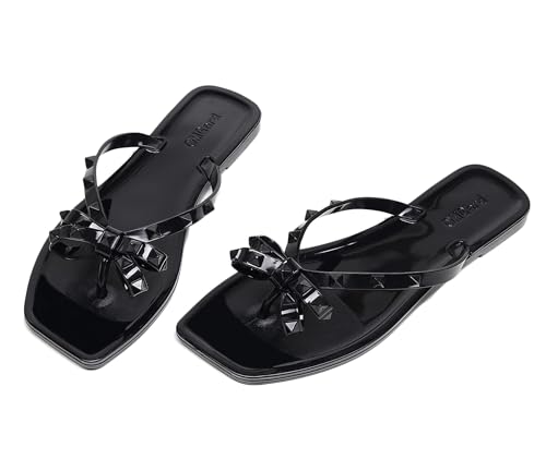Studded Sandals for Womens Bow Flip Flops Jelly Shoes Beige Jellies Flat Size 9, Summer Beach Thong Slides with Rivets Dress Slippers Square Toe Slip On4